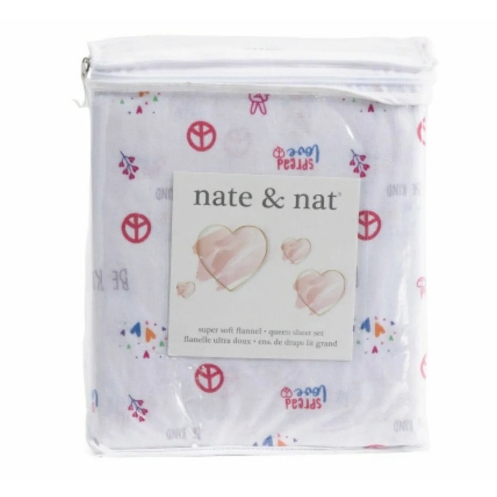 Nate & Nat Full Size Flannel Sheet Set (Peace Love Hearts)